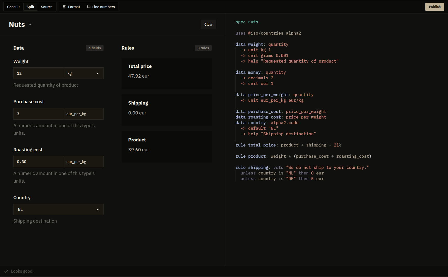 Split view with Run form on the left showing data inputs and rule outcomes, and Source code on the right