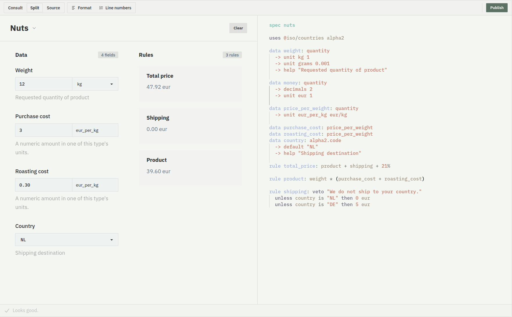 Split view with Run form on the left showing data inputs and rule outcomes, and Source code on the right